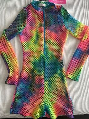 Neon Rainbow Mesh Zip-Front Women's Romper Swim Coverup